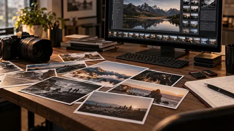 A camera and printed photographs spread across a creative editing desk, showing the process of selecting images and deciding what belongs in the story