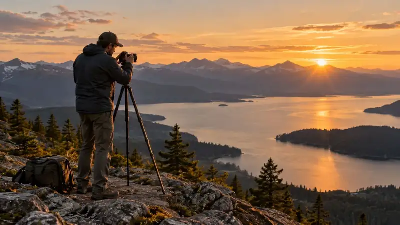 A photographer working from a mountain overlook at sunset, emphasizing the value of being present, observing and deciding what moment is worth capturing
