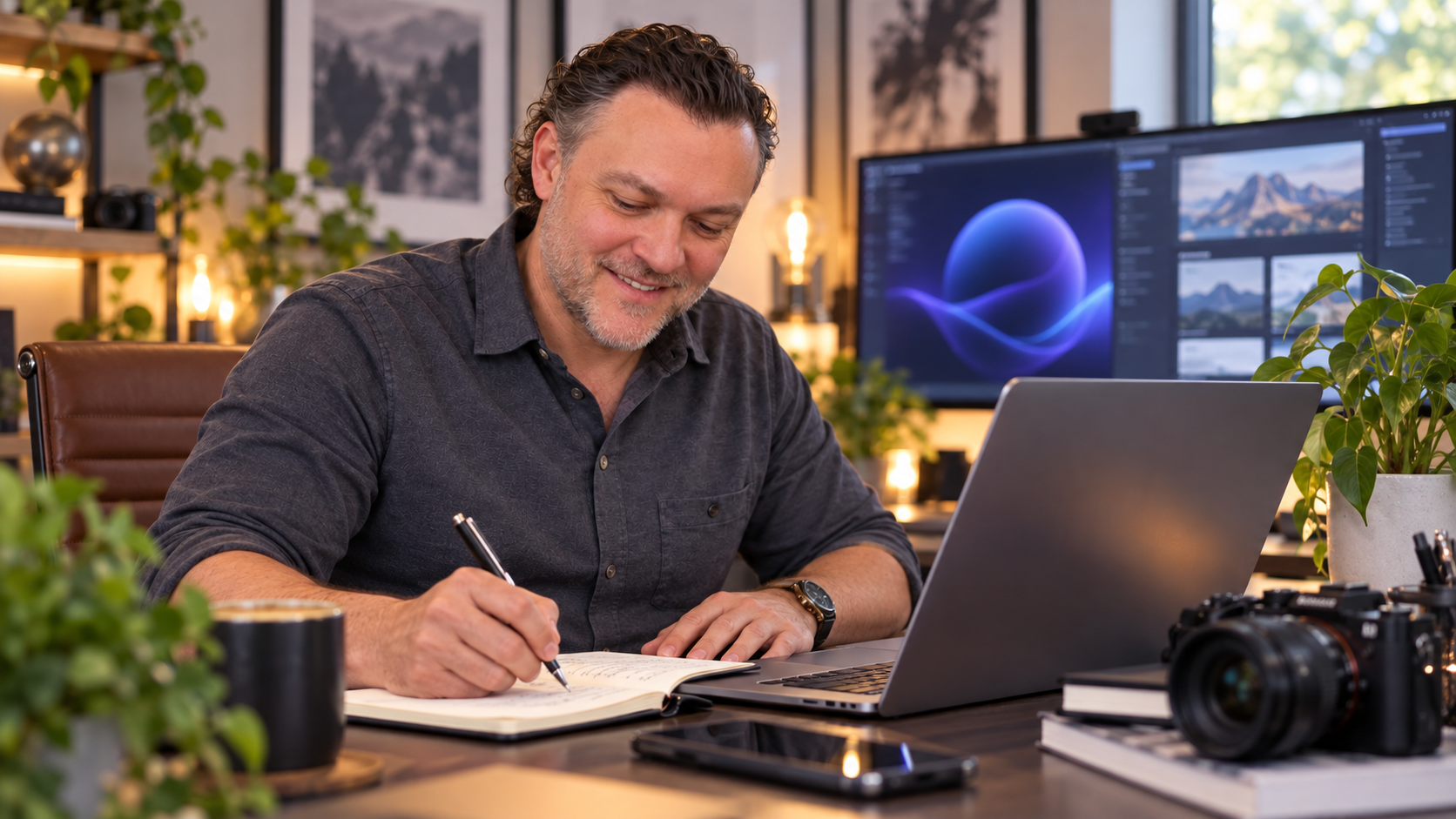 Melvin Maya writing notes beside a laptop and monitors while working through an AI-assisted project