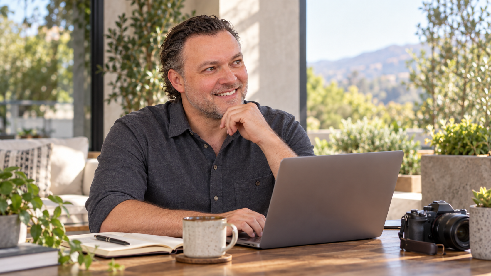 Melvin Maya working from a bright home setting with a laptop, camera and notebook as part of a mixed creative and technical workflow