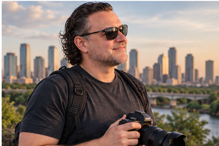 Melvin Maya photographing a city scene, connecting his years of content creation with the media properties he is building