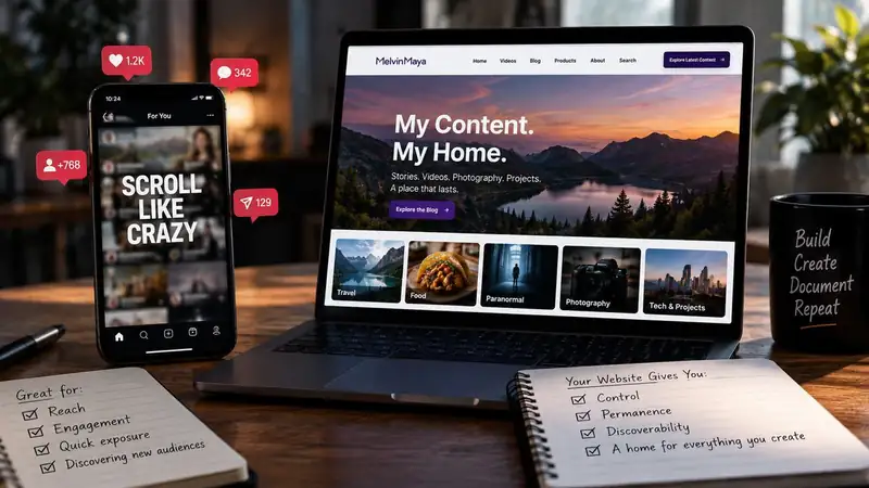 A creator workspace comparing social reach with website ownership, permanence and discoverability