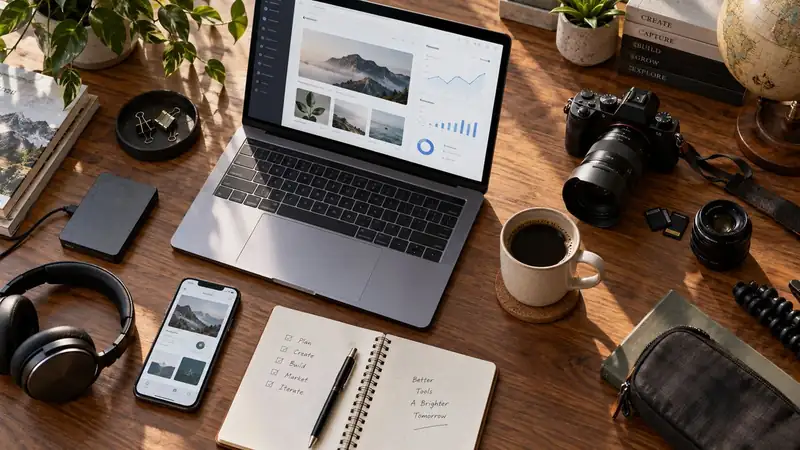 A creator workspace with a laptop, camera gear, notebook and connected digital tools representing the software and hardware used to build projects