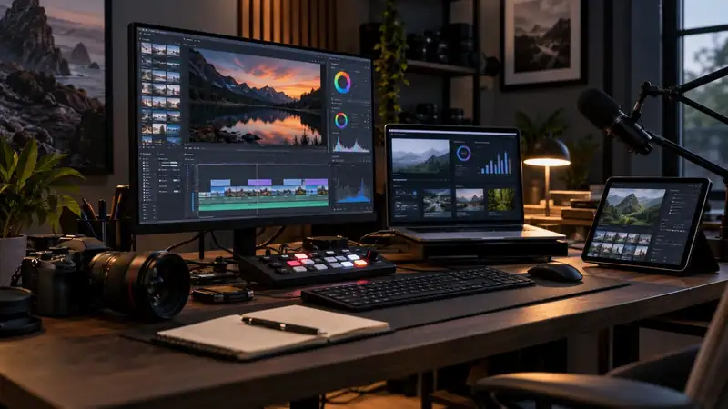 A multi-screen editing workspace with camera equipment, creative software and production tools ready for photography and video work