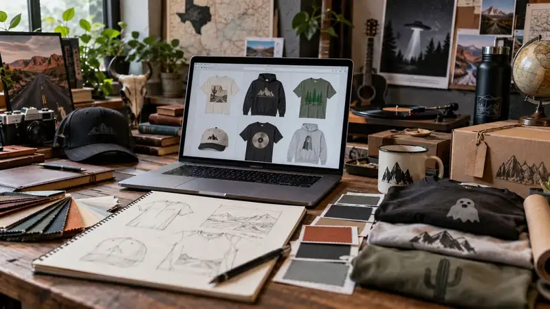 A laptop showing apparel concepts beside sketches, fabric samples and finished merchandise in a creative design workspace