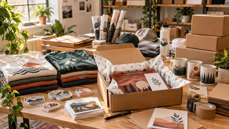 A merchandise packing table with folded apparel, printed pieces, packaging and small creative products ready to ship