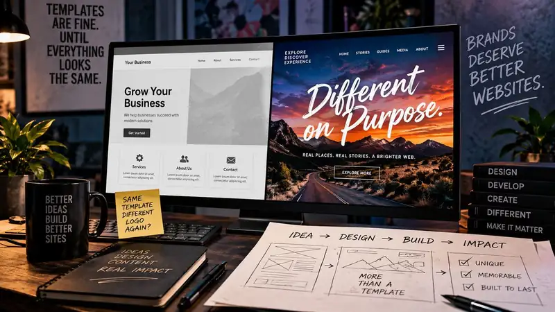 A creative web-design workspace comparing a generic business template with a more distinctive site built around a specific subject