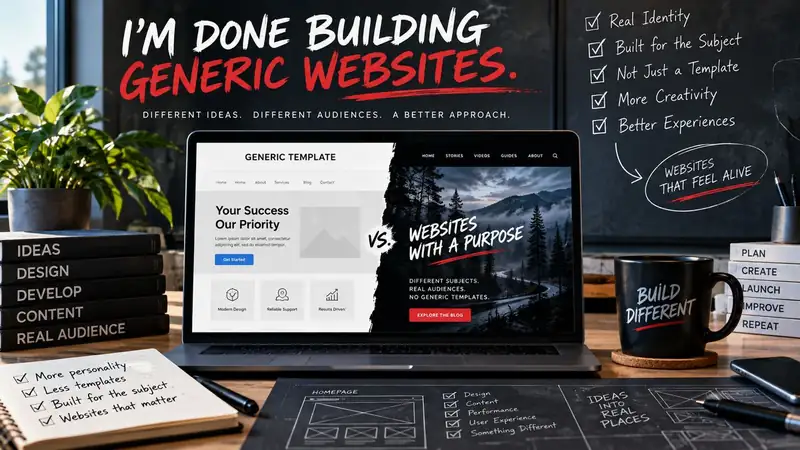 A design workspace with a generic layout crossed out beside multiple niche website concepts, sketches and notes about building for the subject