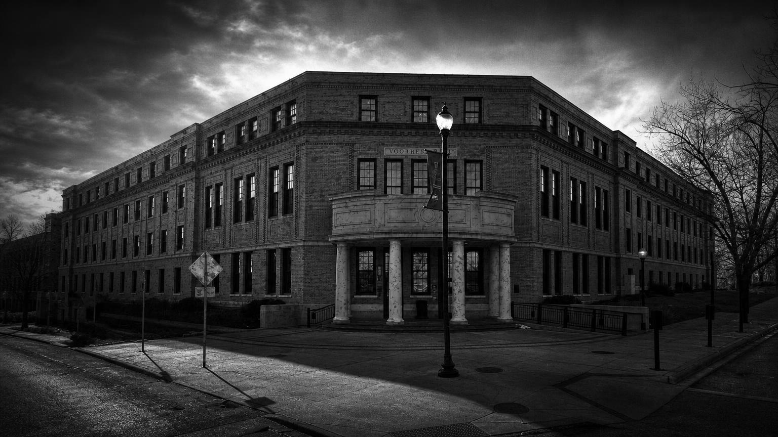 Monochrome editorial rendering of Voorhees Hall, Iowa.