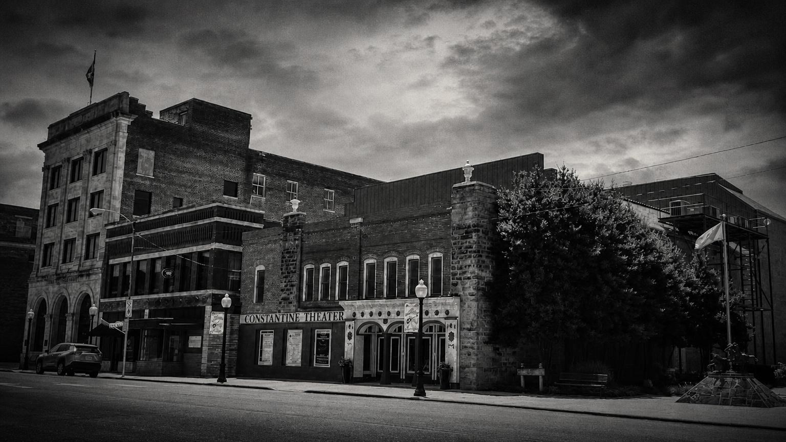 Monochrome editorial rendering of Constantine Theater and the adjoining historic streetscape in Pawhuska.