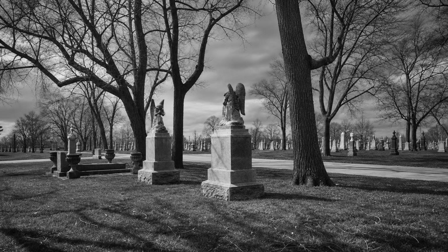 Monochrome editorial rendering of Resurrection Cemetery's entrance and grounds.
