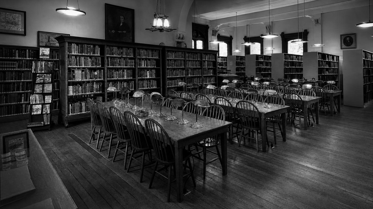 Monochrome editorial rendering of Willard Library's reading room with bookcases, tables and chairs.