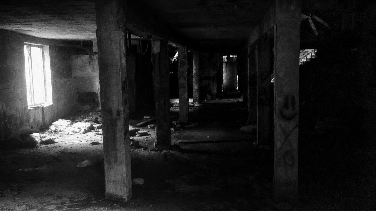 Monochrome editorial rendering of St Vincent Asylum, Oklahoma.
