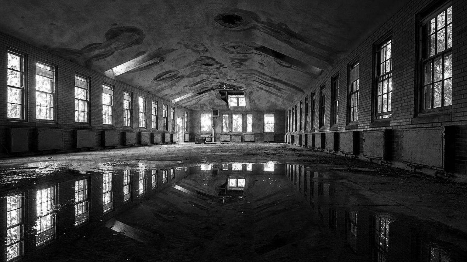 Monochrome editorial rendering of Manteno hospital's former interior hall and windows.