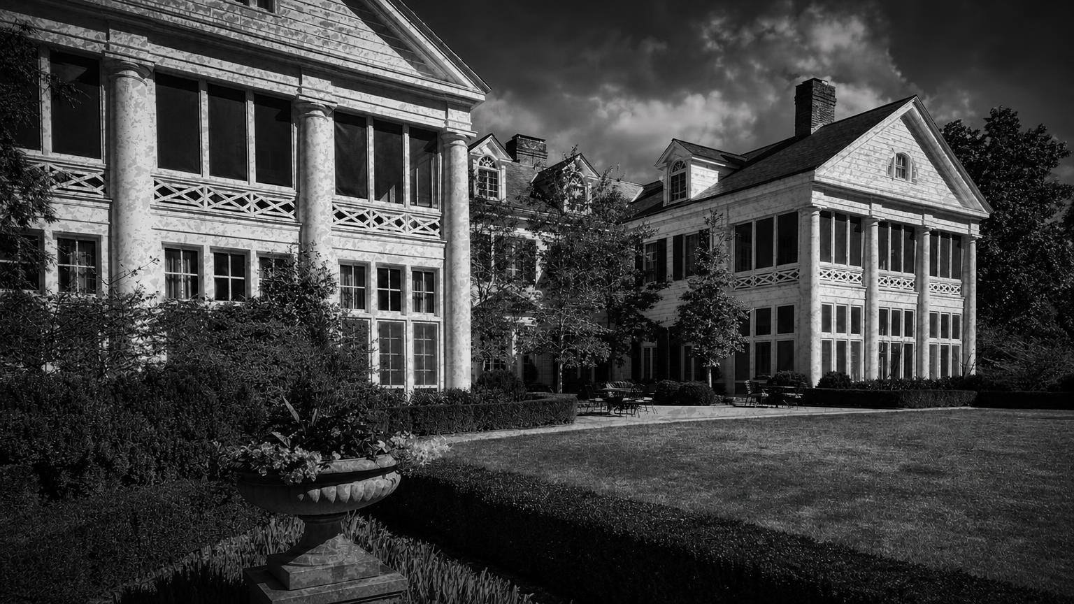 Monochrome editorial rendering of Duke Mansion's porches and garden.