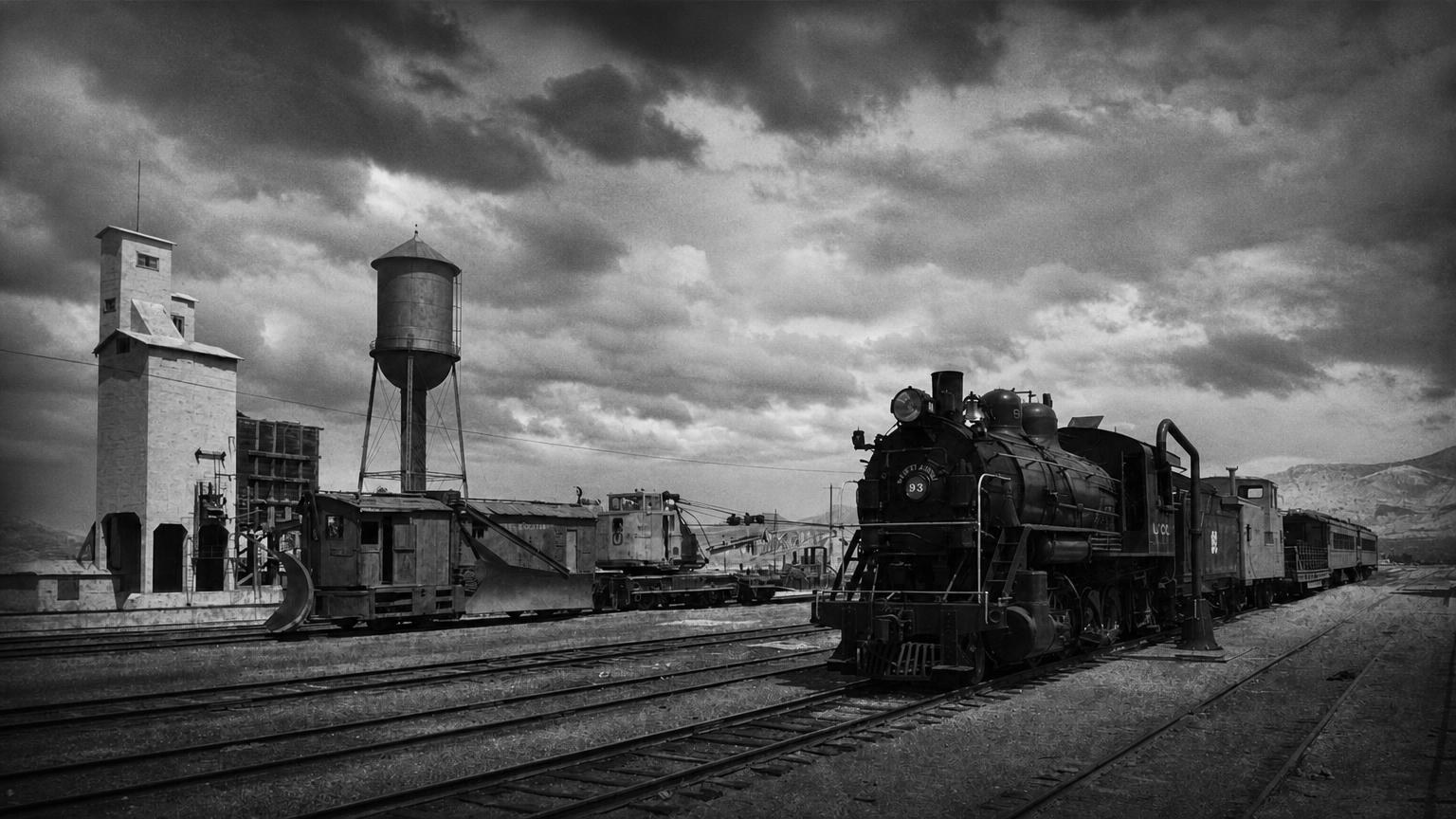 Monochrome editorial rendering of a steam locomotive and rail yard in Ely.