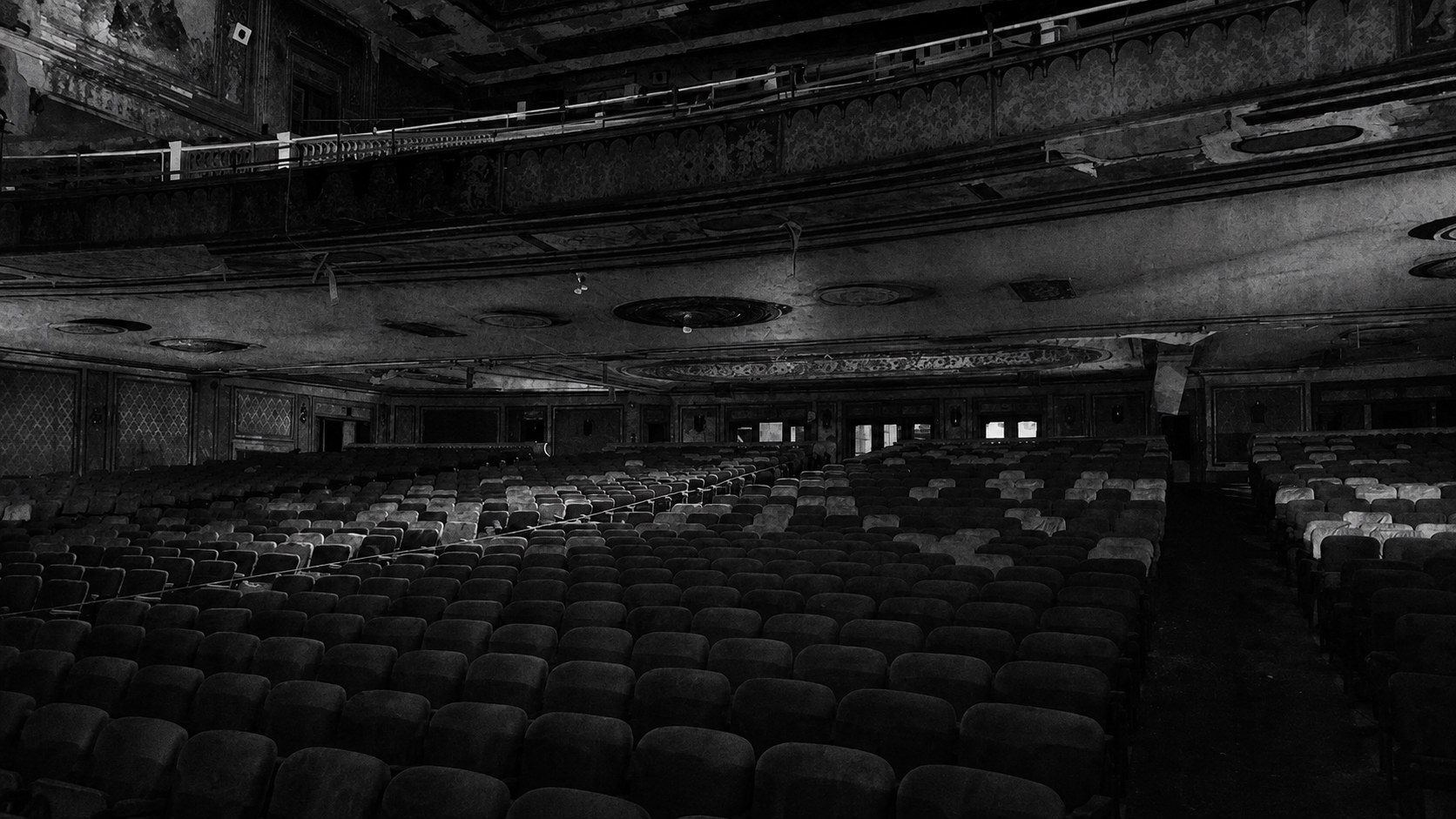 Monochrome editorial rendering of the Palace Theater auditorium in Bridgeport.
