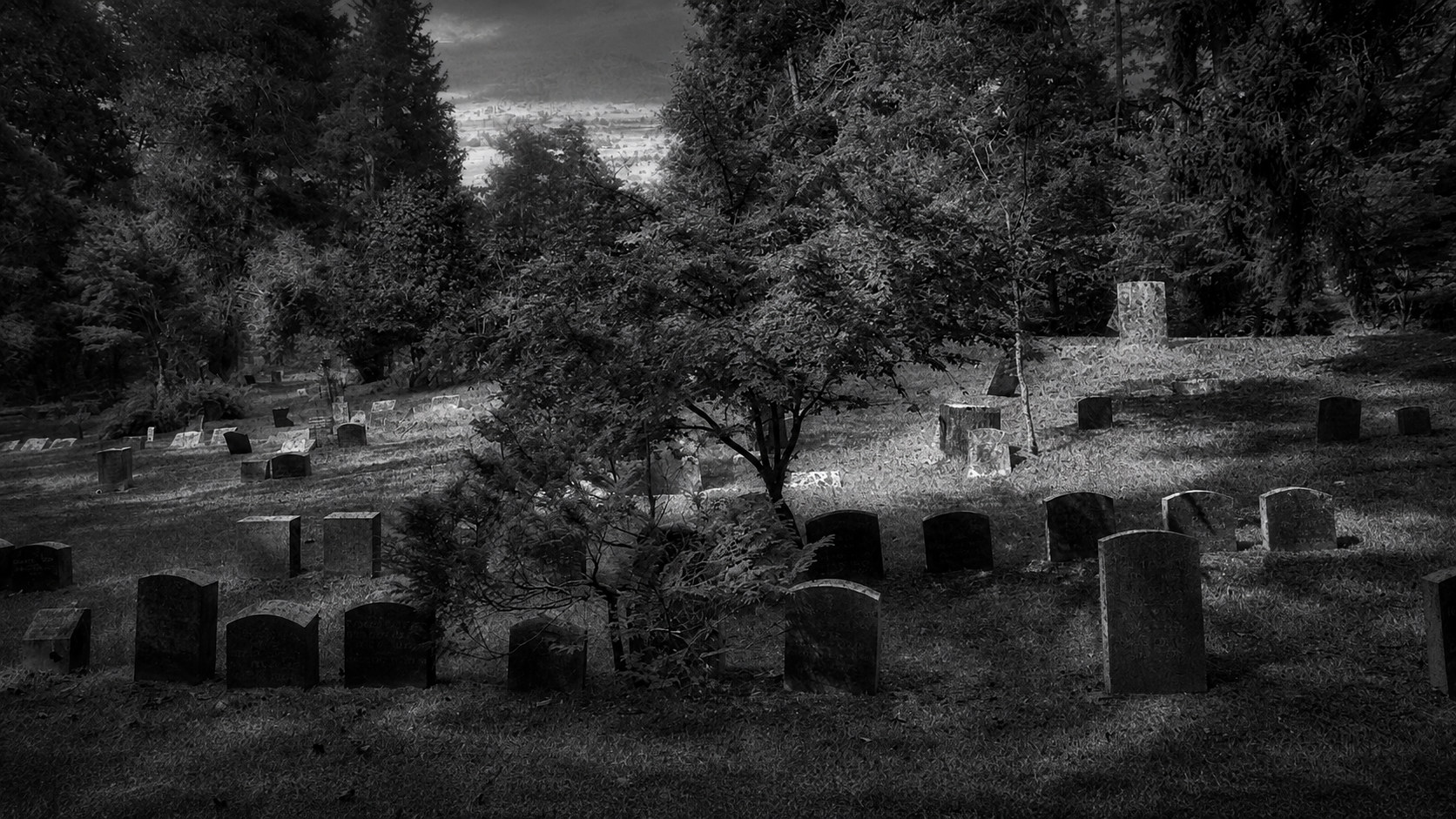 Monochrome editorial rendering of Sleepy Hollow Cemetery monuments and trees.