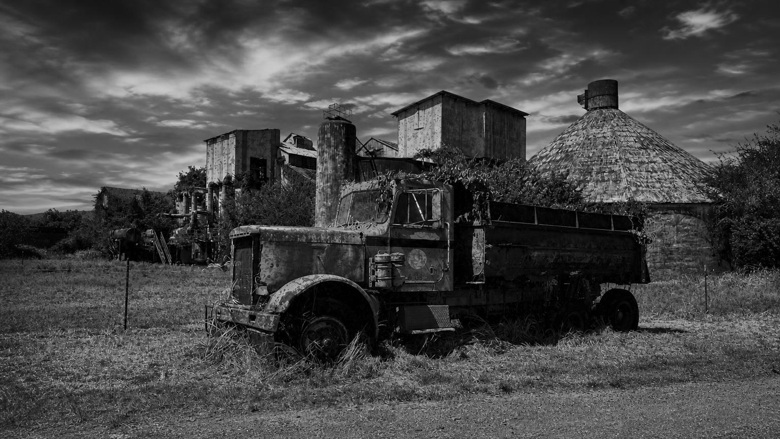 Monochrome editorial rendering of Old Sugar Mill Ruins Kaneohe HI
, Hawaii.