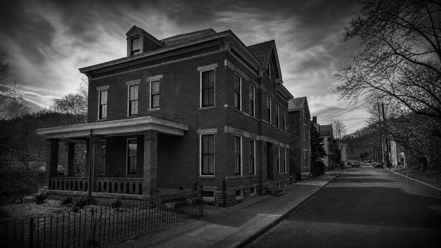 Monochrome editorial rendering of Sedamsville Rectory's brick facade and porch.