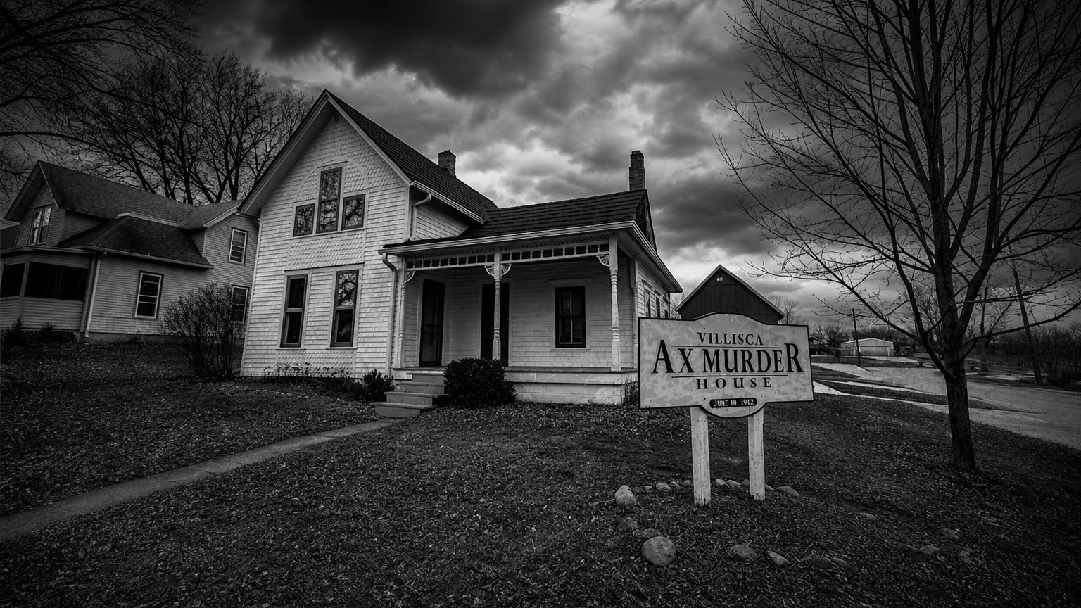 Monochrome editorial rendering of Villisca Axe Murder House, Iowa.
