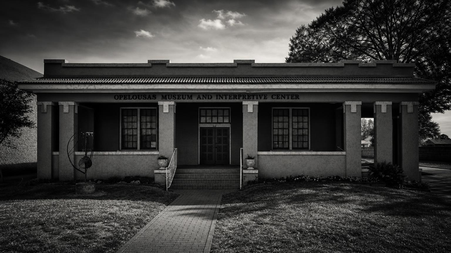 Monochrome editorial rendering of the Opelousas Museum entrance.