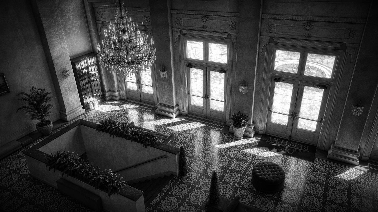 Monochrome editorial rendering of Bentley Hotel's lobby, chandelier and tall entrance doors.