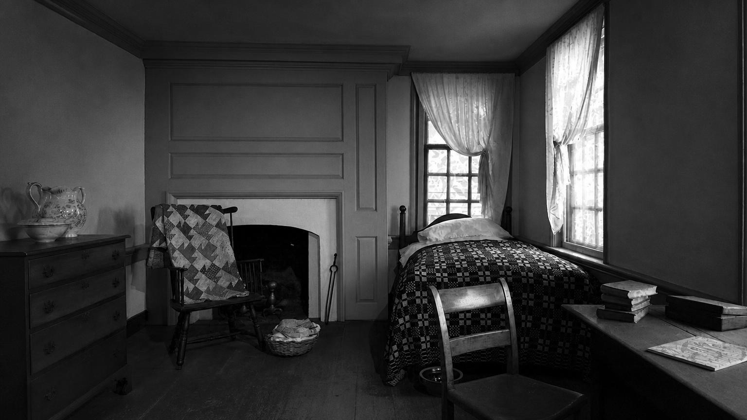 Monochrome editorial rendering of a furnished historic room with fireplace and window at the Betsy Ross House.