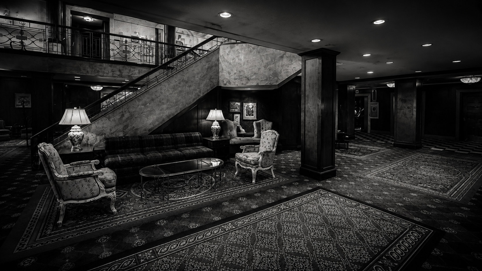 Monochrome editorial rendering of the Biltmore hotel interior based on a historic reference.