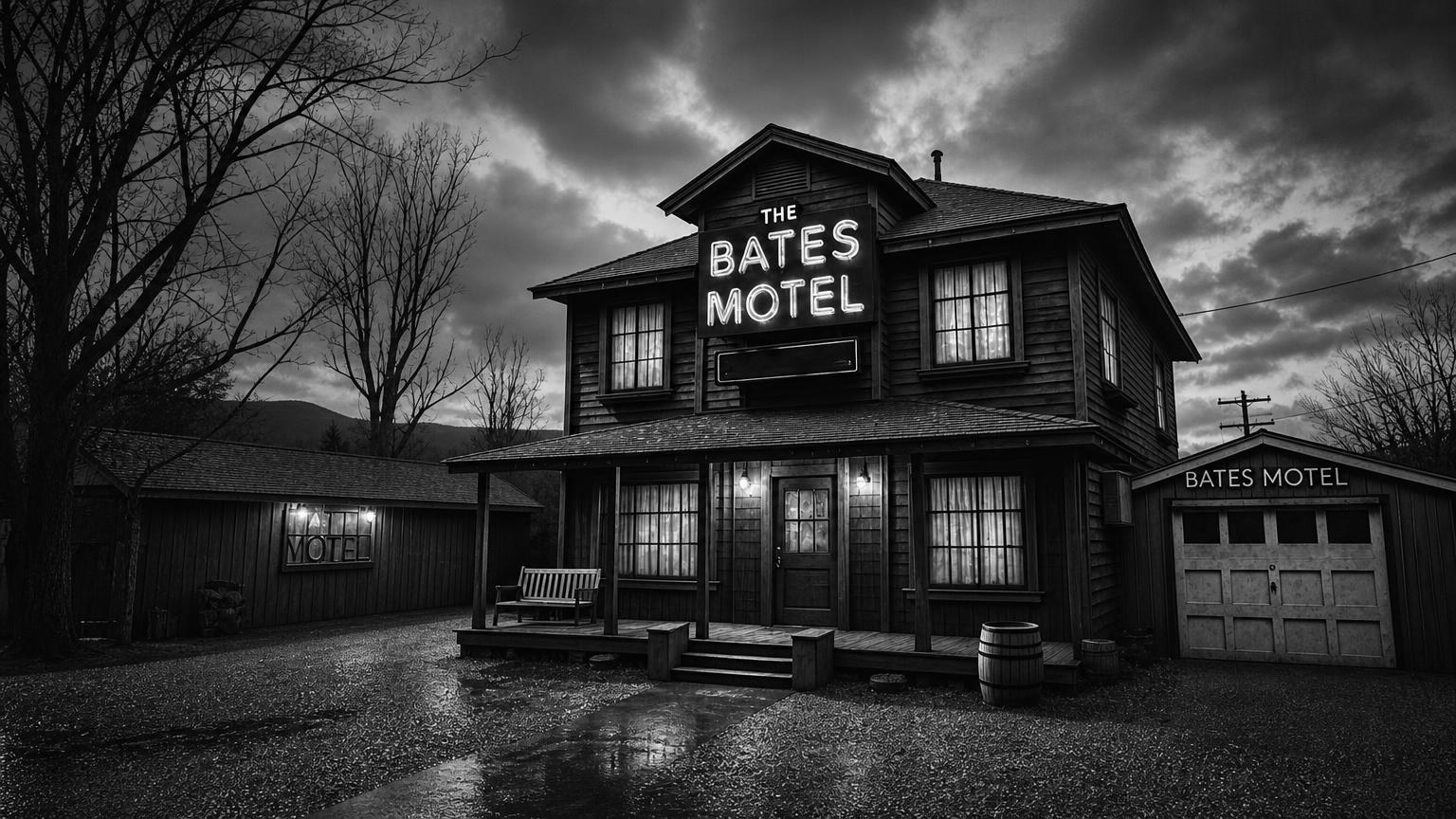 Monochrome editorial rendering of Bates Motel, Coeur d’Alene in Idaho.