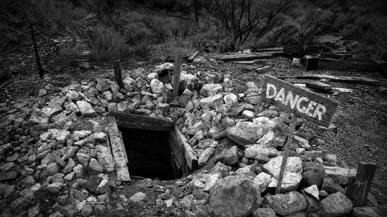 Monochrome editorial rendering of Vulture Gold Mine, Arizona.
