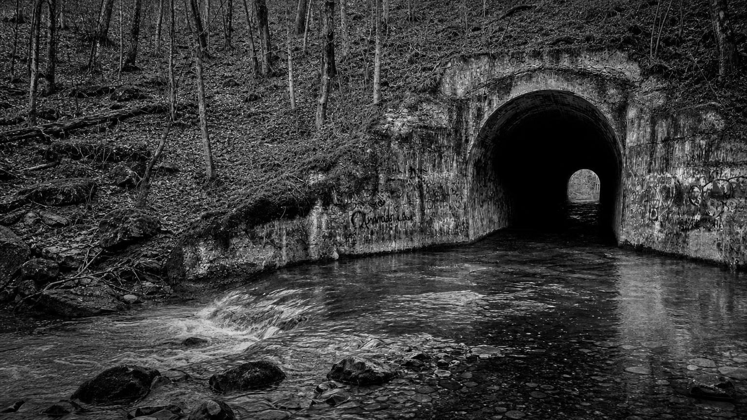 Monochrome editorial rendering of Sensabaugh Tunnel and the water at its entrance.