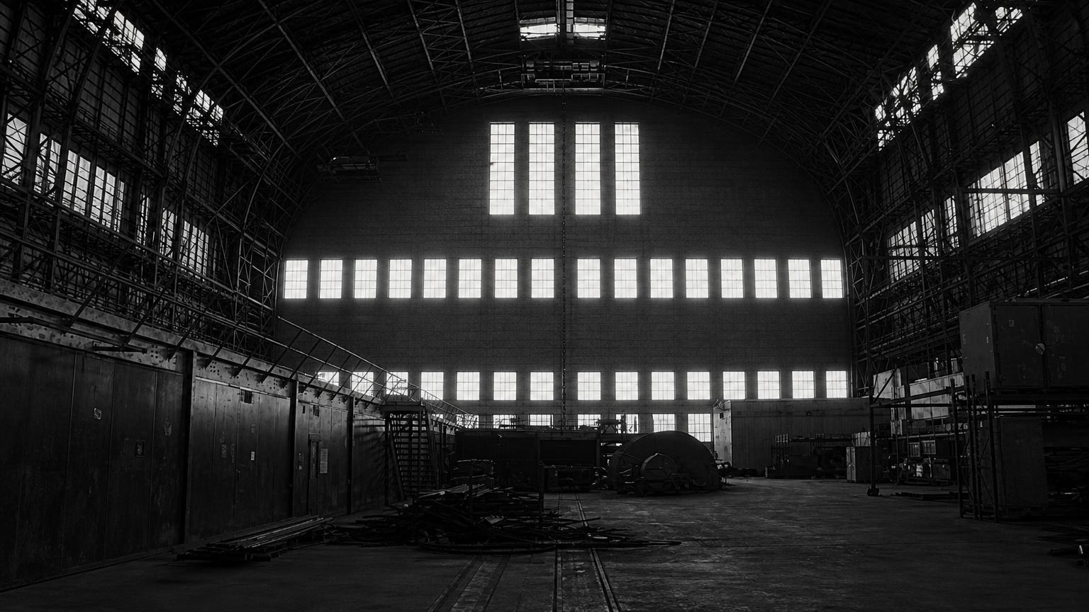 Monochrome editorial rendering of Lakehurst Hangar One in New Jersey.