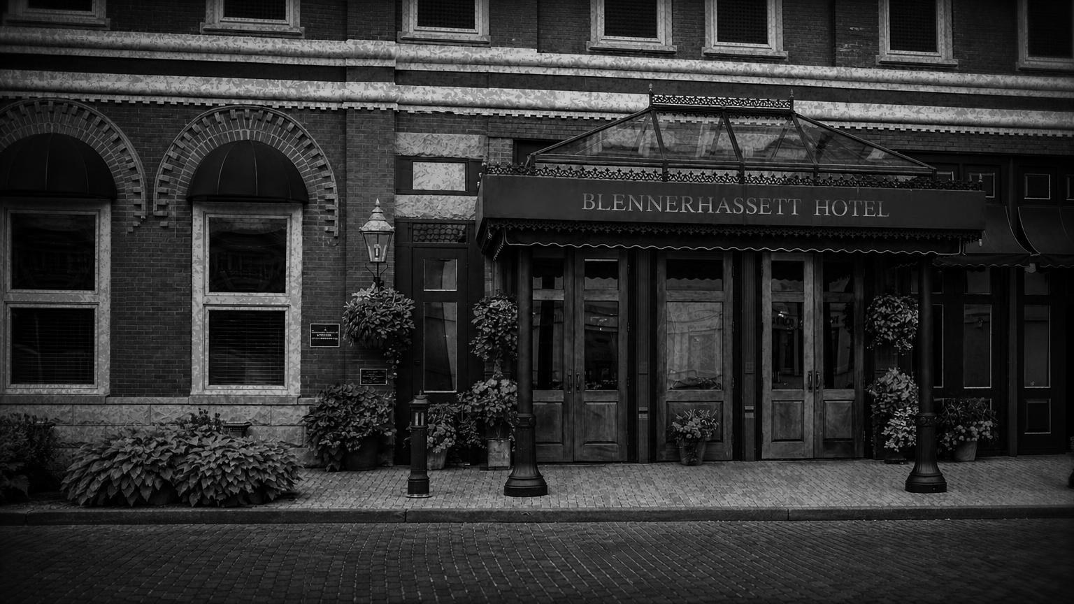 Monochrome editorial rendering of the Blennerhassett Hotel entrance and brick facade in Parkersburg.