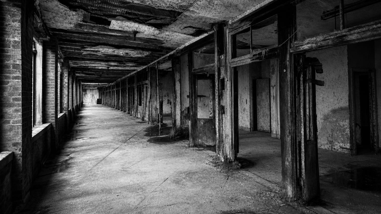 Monochrome editorial rendering of Waverly Hills Sanatorium's exterior.