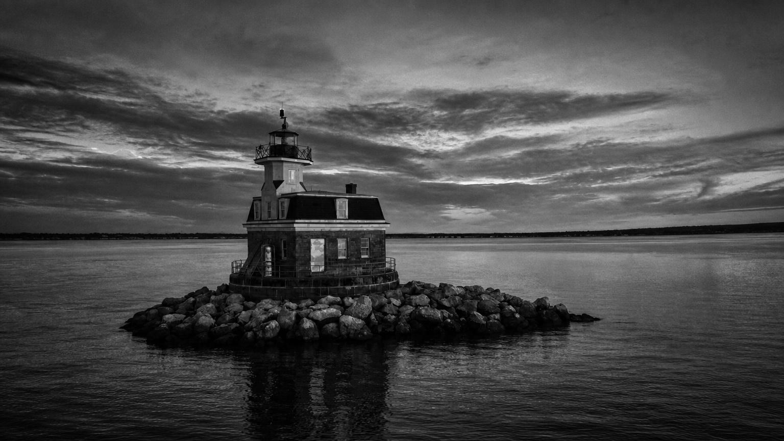 Monochrome editorial rendering of Penfield Reef Lighthouse on its rocky foundation.