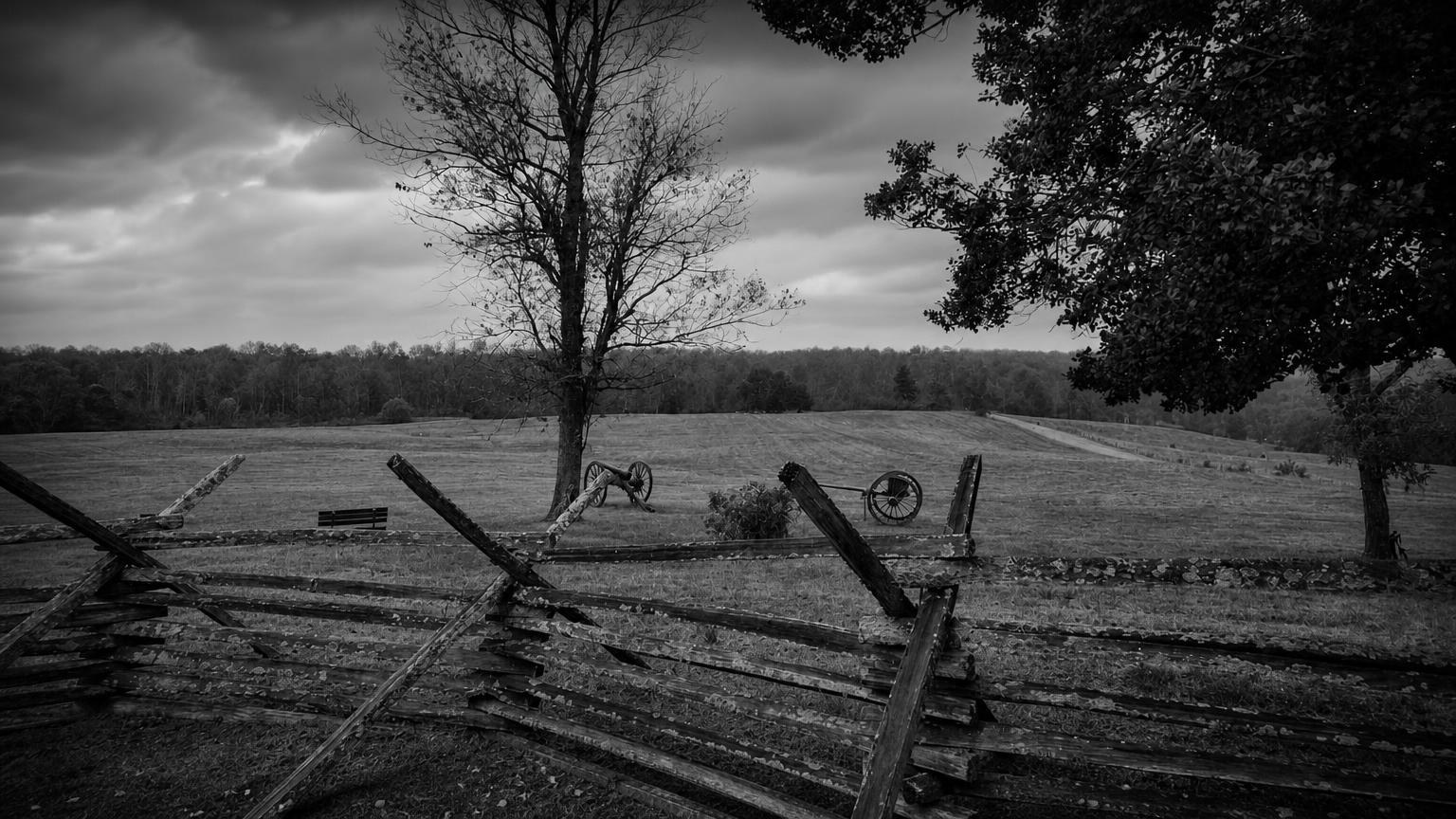 Monochrome editorial rendering of cannon and split-rail fencing at Sailor's Creek Battlefield.