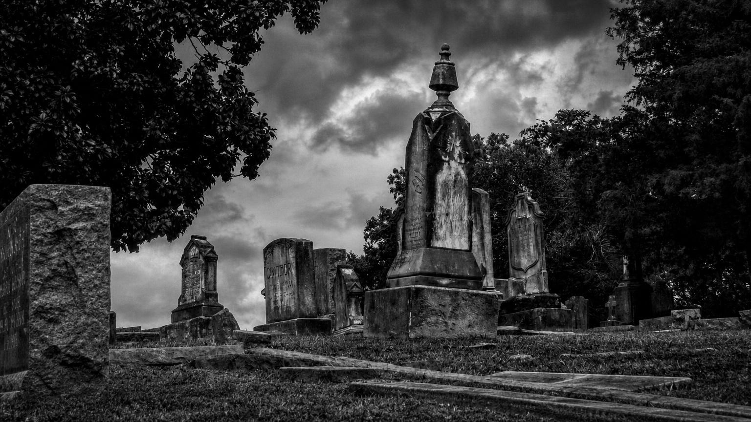 Monochrome editorial rendering of Oakwood Cemetery's monuments and trees.