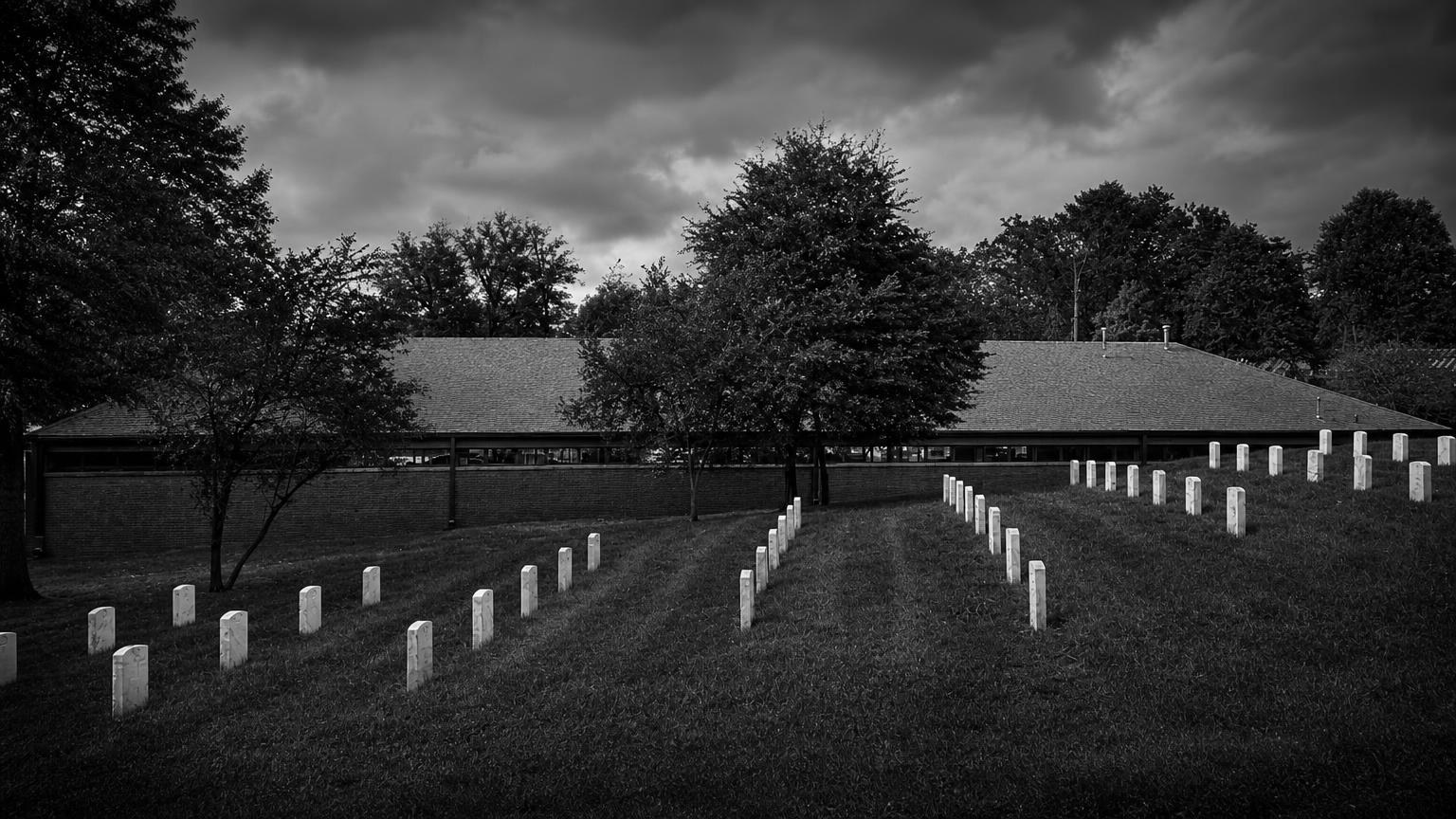 Monochrome editorial rendering of Jefferson Barracks Cemetery's rows of headstones.