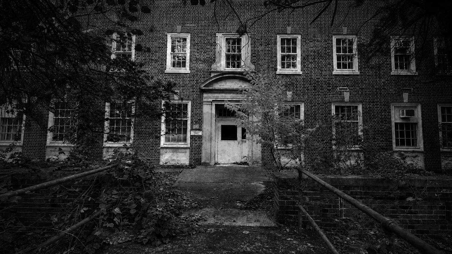 Monochrome editorial rendering of Harrisburg hospital's brick entrance and sash windows.