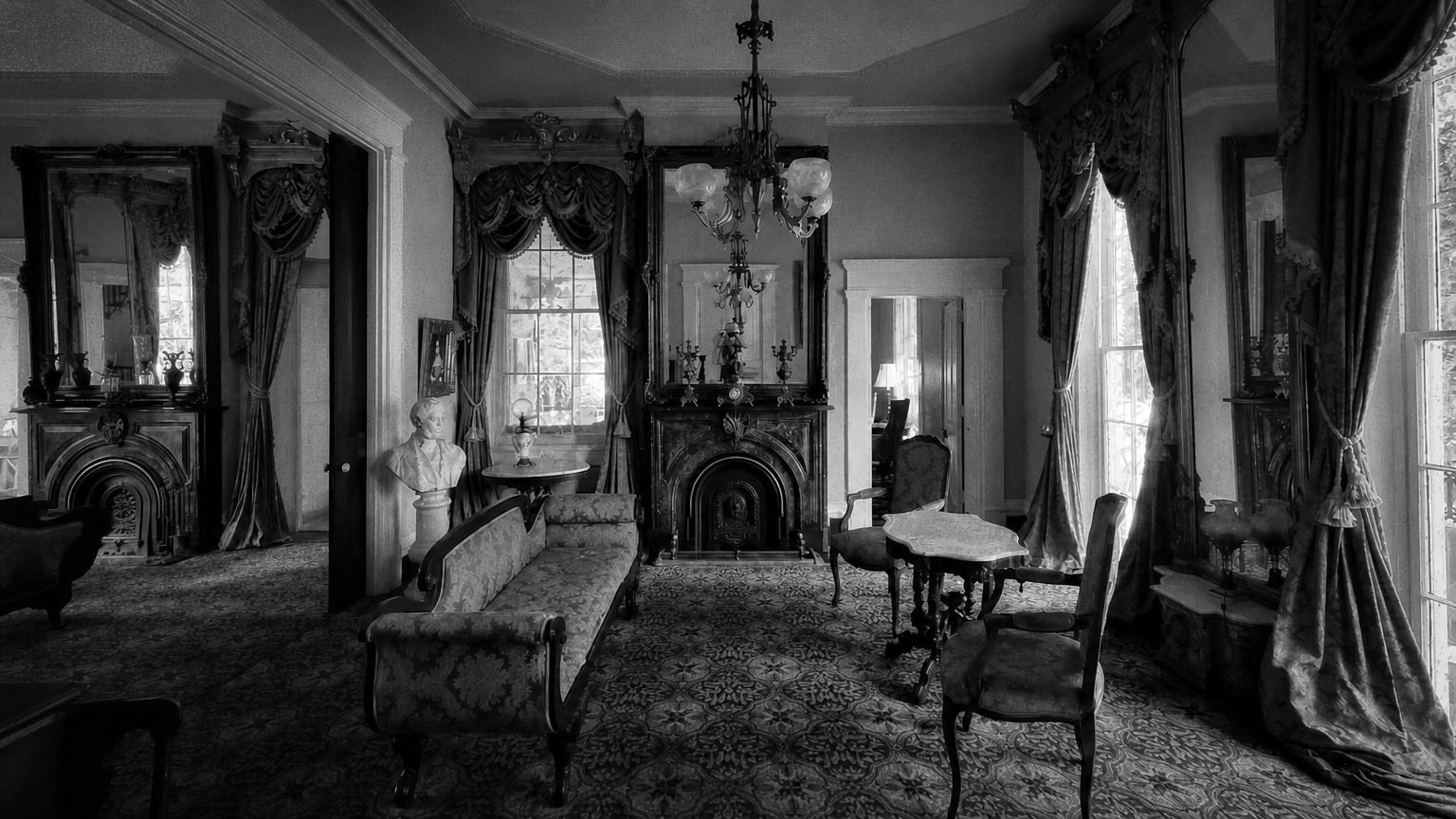 Monochrome editorial rendering of Cedar Grove Mansion's furnished parlor with fireplace and tall windows.