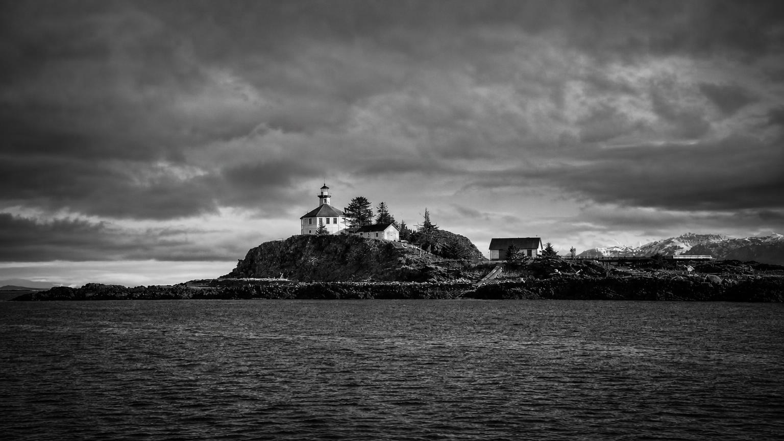 Monochrome editorial rendering of Eldred Rock Lighthouse, Alaska.