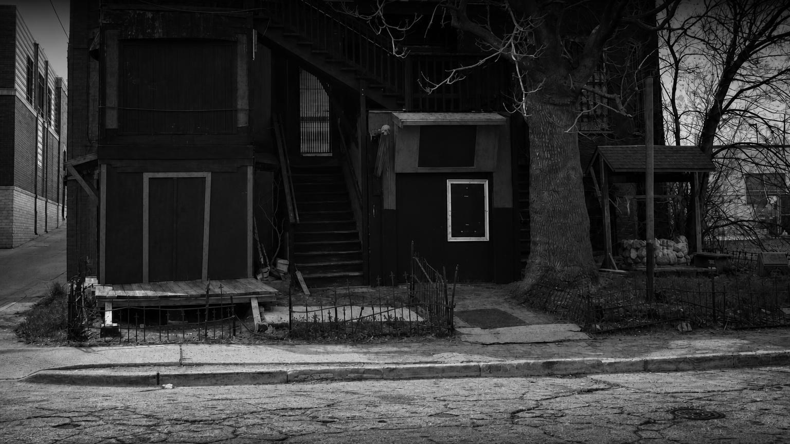 Monochrome editorial rendering of Mystery Manor Haunted Theatre, Nebraska.