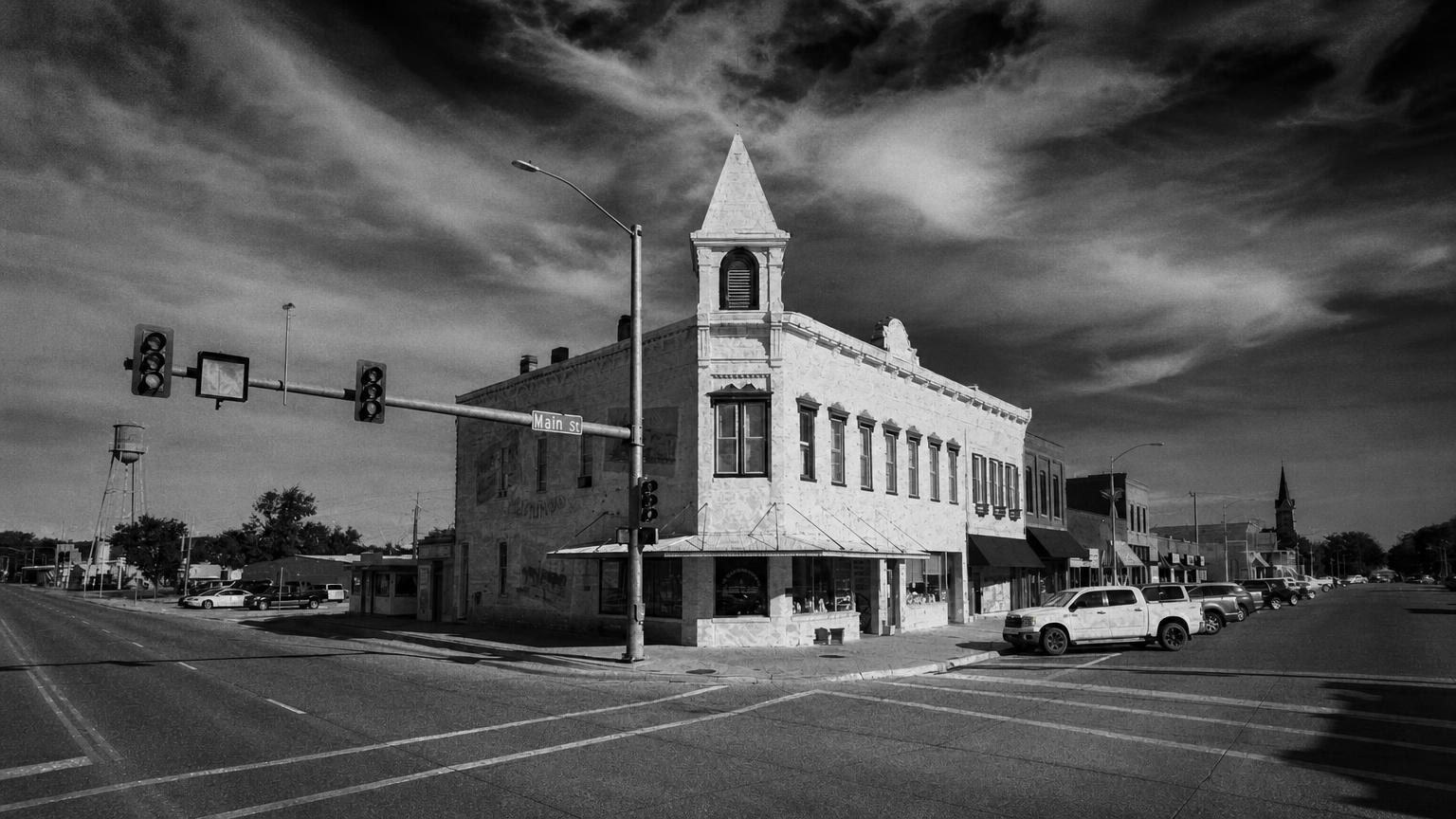 Monochrome editorial rendering of Bank of Ellinwood in Kansas.