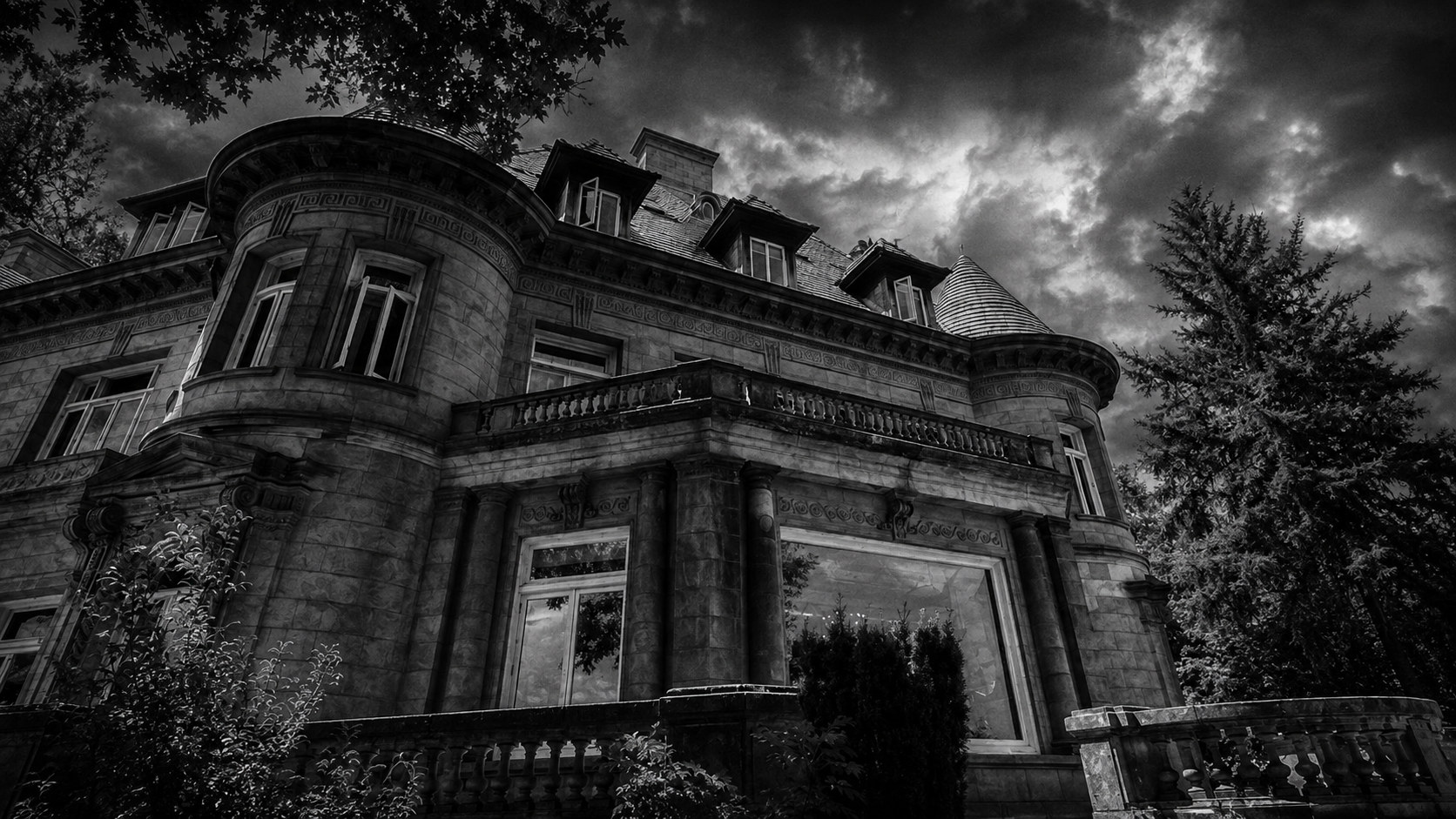 Monochrome editorial rendering of Pittock Mansion and its grounds.
